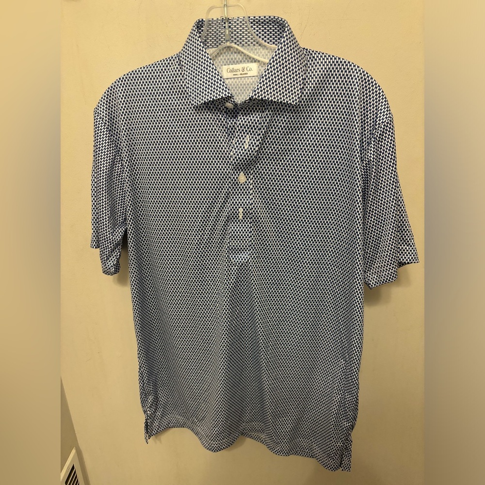 Collars and Co Polo Shirt Mens S White Navy  Rectangle Relaxed Fit Dress Collar